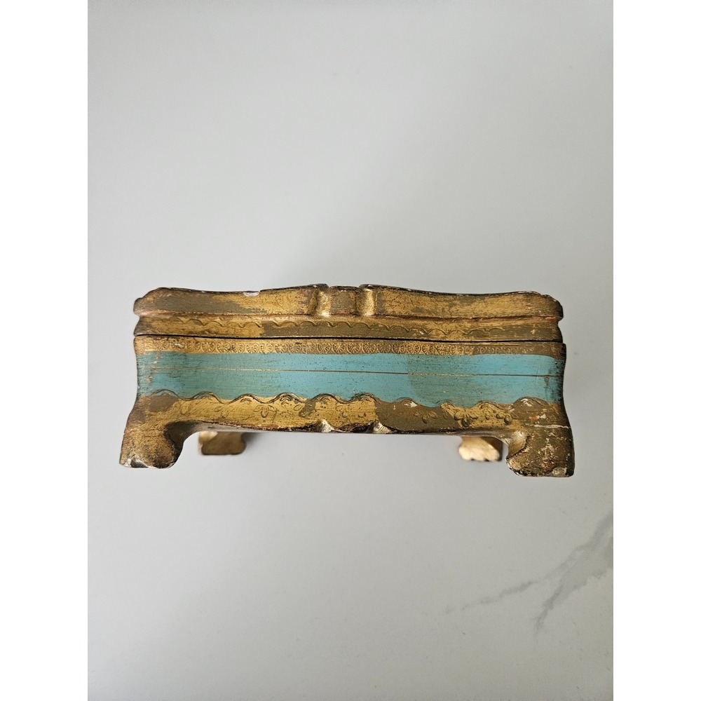 Florentine Jewelry Box Women OS Turquoise Gold Good Italian Wood Gilt Footed VTG - Picture 7 of 8